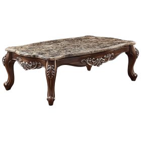 Wooden Coffee Table with Marble Top in Antique Oak Brown
