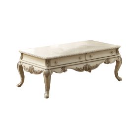 Vintage Style Wooden Coffee Table with Cabriole Legs and Two Broad Drawers, White