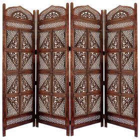Traditional Four Panel Wooden Room Divider with Hand Carved Details, Antique Brown