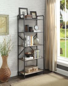 Five Tier Metal Bookshelf With Wooden Shelves, Oak Brown & Gray