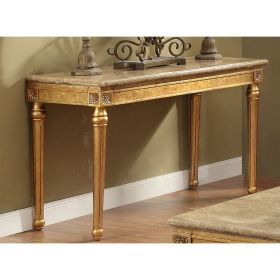 Marble Top Sofa Table With Fluted Detail Wooden Turned Legs, Gold