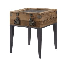Trunk Style Accent Table with Glass Top Encasing and Metal Tapered, Brown