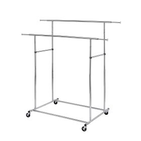 Dual Bar Tubular Metal Frame Garment Rack with Casters, Chrome