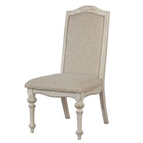 Rustic Wooden Side Chair with Intricate Carvings, Set of 2, Antique White