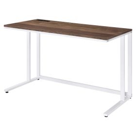 Writing Desk with Wooden Top and Built in USB Port, Brown and White