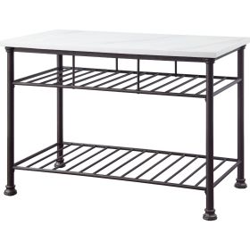 Kitchen Island with Artificial Marble Top and 2 Slatted Shelf, White