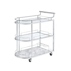 Serving Cart with Oval Shape and Metal Bar Handle, Silver