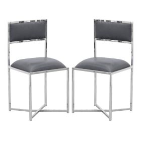 Eun 20 Inch Faux Leather Dining Chair, Chrome Base, Set of 2, Dark Gray