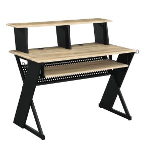 Tin 47 Inch Wood Music Desk Studio Station, Keyboard Tray, Shelves, Brown