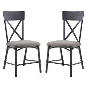 21 Inch Metal Dining Side Chair, Fabric Seat, X Back, Set of 2, Gray