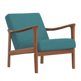 34 Inch Fabric Padded Accent Lounge Chair, Rubberwood, Teal Blue, Brown