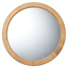 36 Inch Coastal Style Round Mirror, Hand Woven Rattan Frame, Glass, Brown