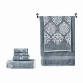Eula Modern 6 Piece Cotton Towel Set, Stylish Damask Pattern, Slate Blue