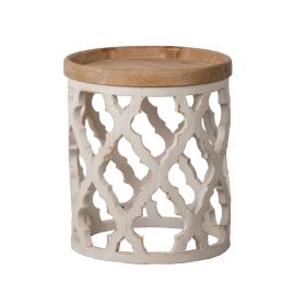 23 Inch Side Table, Vintage Wood Cutout Design, Round Top, Brown, Cream