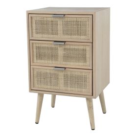 Cae 28 Inch Dresser Chest, 3 Drawers, Pine Wood, Rattan Panels, Brown