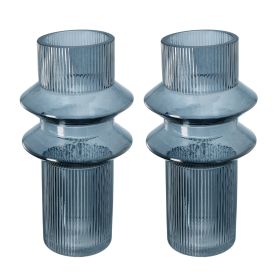 Rae Set of 2 Glass Vases, Tall Round Cylinders, Smokey Blue, Clear Finish
