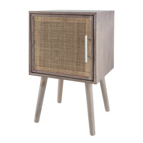Oli 28 Inch Accent Cabinet Table, Rustic Rattan Door, Splayed Legs, Brown, Gray