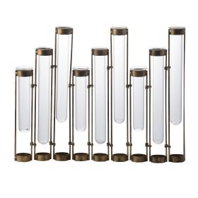 18 Inch 9 Slot Accent Vase, Glass Body Pieces in Iron Frame, Antique Bronze