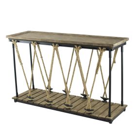 52 Inch Console Table, Rustic Plank Top with Crossed Rope Design, Brown