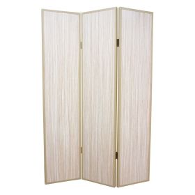 71 Inch Folding Screen Room Divider, 3 Textured Panels, Gray Leather Trim