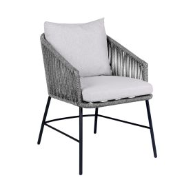 25 Inch Patio Dining Chair, Matte Black Steel Frame, Gray Rope Woven Seat