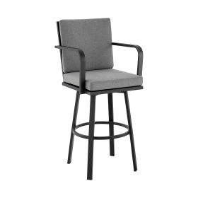 Faye 30 Inch Modern Patio Barstool, Black Aluminum Frame, Gray Cushions