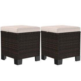 2 Pieces Wicker Outdoor Ottomans with Cushions, Rattan Ottoman Footrest & Side Table for Patio Yard Poolside, Cream