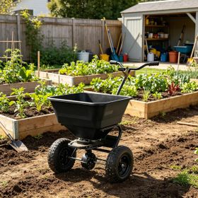 66 pound broadcast style hand-held spreader, equipped with 13 inch all terrain tires, capable of evenly spreading seeds