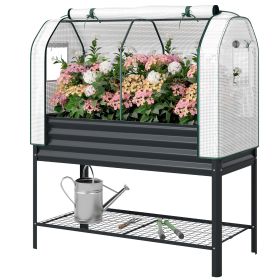 Galvanised Raised Garden Bed with Greenhouse Cover, Metal Elevated Garden Bed with Bed Liner, Bottom Shelf, Black