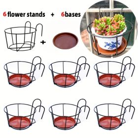 6pcs Black Flower Stand with 6pcs Brick Red Base Metal Balcony Railing Shelf for Hanging Plants, Succulent Pots and Greenery - Spring Decor