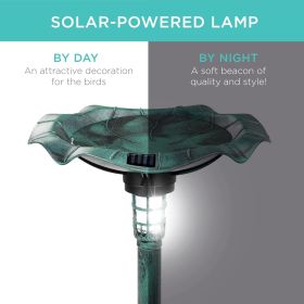 Outdoor Solar Lighted Pedestal Bird Bath Fountain Decoration w/Planter, Integrated Panel, Scroll Accents for Lawn, Garden - Green
