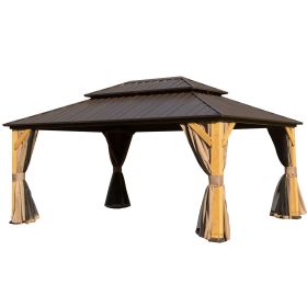 12x16FT Cedar Wood Gazebo, Solid Wood Hardtop Gazebo with Galvanized Steel Double Roof, Netting & Curtains, Outdoor Gazebo for Patio, Backyard, D