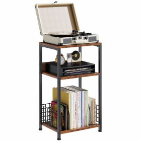 3-Tier Turntable Stand with Vinyl Storage for 100 Albums, Combined CD & DVD Racks, End Side Table for Living Room (Color: Brown)