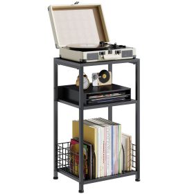 3-Tier Turntable Stand with Vinyl Storage for 100 Albums, Combined CD & DVD Racks, End Side Table for Living Room (Color: Black)