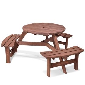 6 Person Wooden Picnic Table Set with Bench and Umbrella Hold (Color: Dark brown)