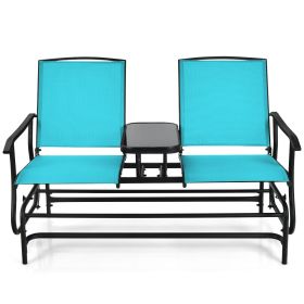 2-Person Double Rocking Loveseat with Mesh Fabric and Center Tempered Glass Table (Color: Turquoise)
